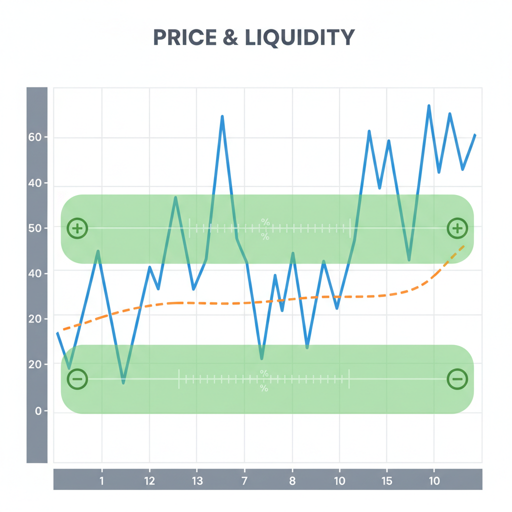 price chart with TWAP line and adjustable concentrated liquidity ranges in green zones, clean financial graph