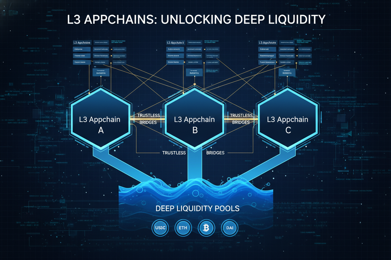 Diagram illustrating Layer 3 L3 appchains connected via cross-chain bridges to deep liquidity pools for low slippage Liquidity-as-a-Service LaaS strategies including stablecoin pre-funding AMM and L2 incentives
