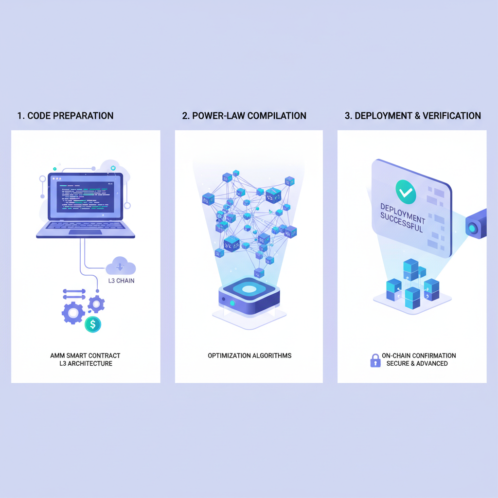 advanced AMM smart contract deployment on L3 chain, code compiling with power-law graphs, holographic display
